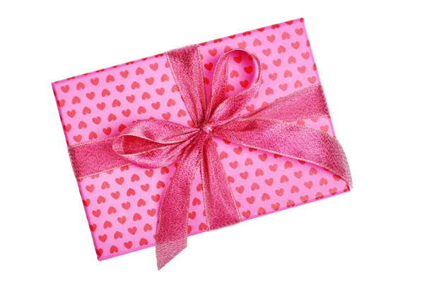 Ροζ δώρο κουτί με καρδιά μοτίβο που απομονώνονται σε λευκό — Φωτογραφία Αρχείου