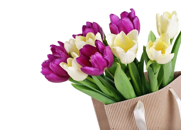 Bouquet from yellow and purple tulips in a paper package — Stock Photo, Image
