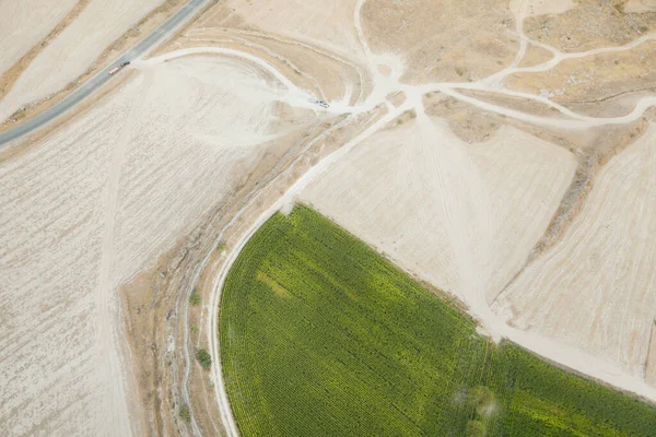 Vista Aérea Los Tramos Terreno Agrícola Con Una Carretera Bifurcada — Foto de Stock