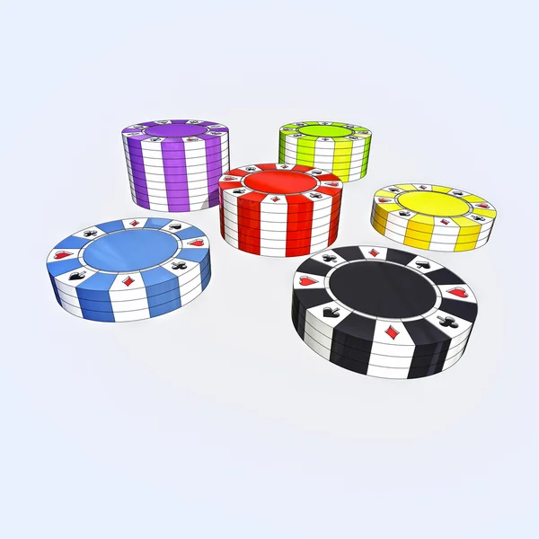 Colorful types of poker chips isolated on blue background — Stock Photo, Image