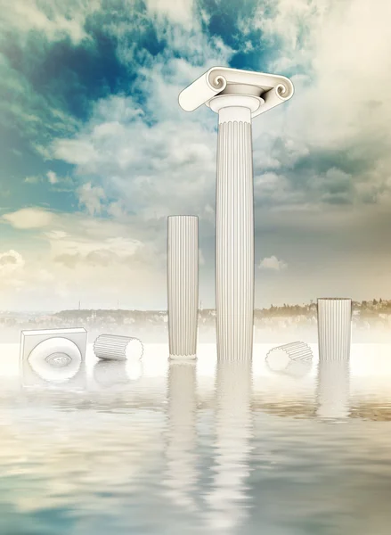 Fou ruined columns in Greek Ionian style in water — Stock Photo, Image