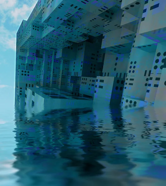 Nave spaziale da osservazione della città moderna affondata blu — Foto Stock