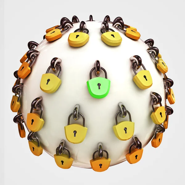Security sphere locked with lockers and one correct green — Stock Photo, Image