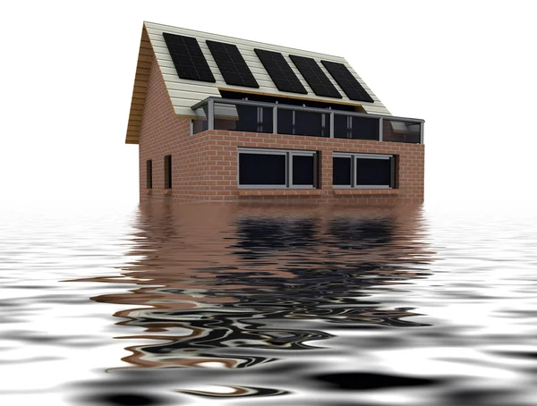 Floating sustainable brick house with solar pannels — Stock Photo, Image