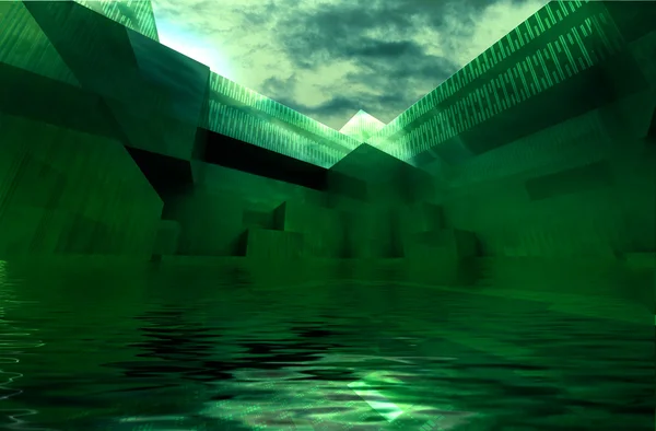 Su üzerinde Yeşil mimari alanı — Stok fotoğraf