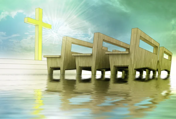 Church with golden cross in flood world — Stock Photo, Image