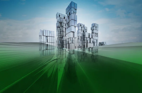 Mavi yeşil gelecekteki iş cityscape tasarım konsepti — Stok fotoğraf