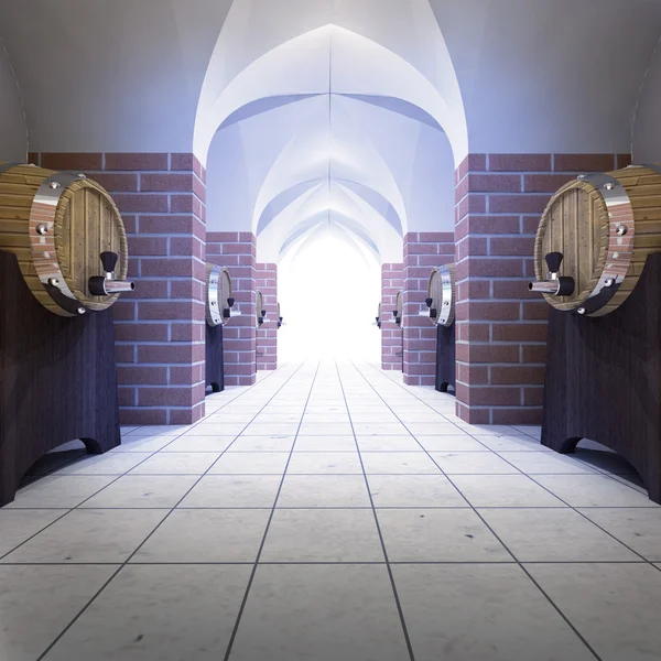 Stoccaggio sotterraneo con barili di bevande alcoliche — Foto Stock