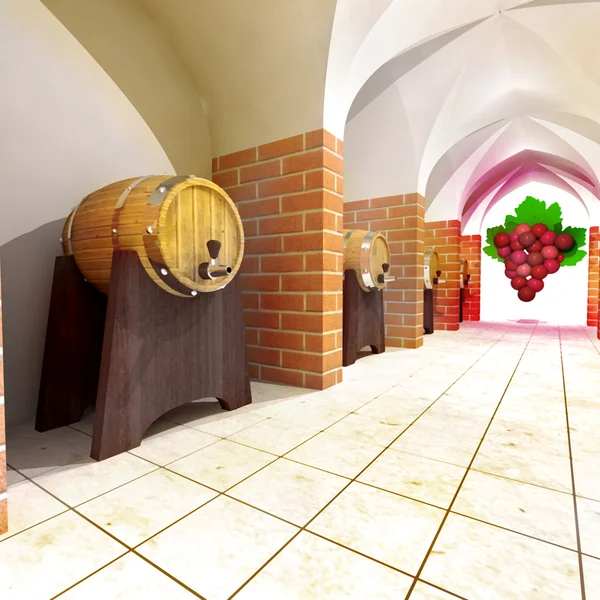 Several barrels with old wine storage and grapes perspective view — Stock Photo, Image