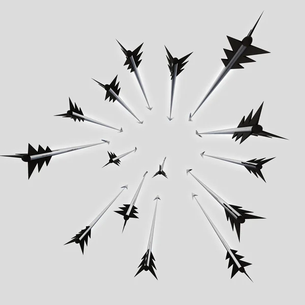 Flying metallic darts and arrows radial composition illustration — Stock Photo, Image
