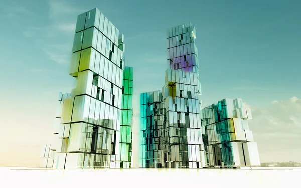 Morning colorful shining glass buildings of business city project illustrat — Stock Photo, Image