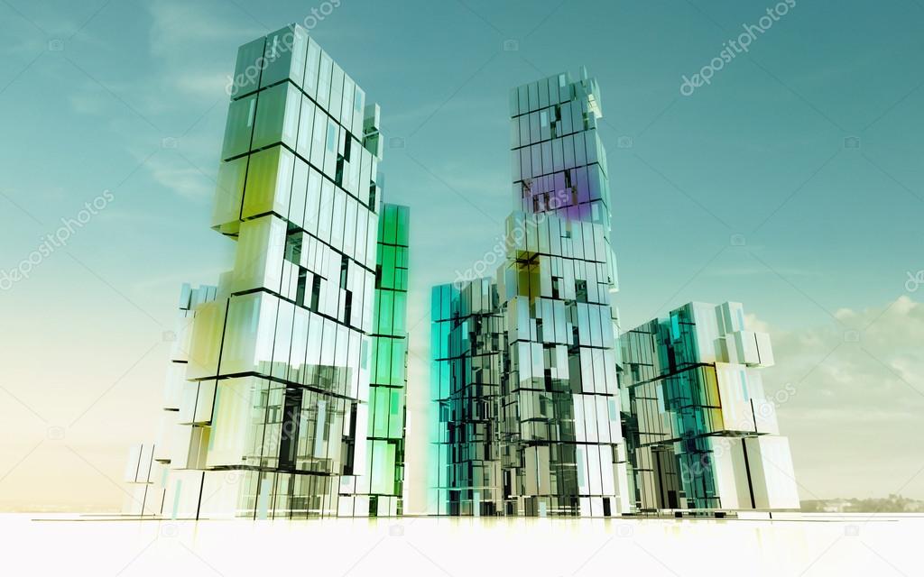 Morning colorful shining glass buildings of business city project illustrat