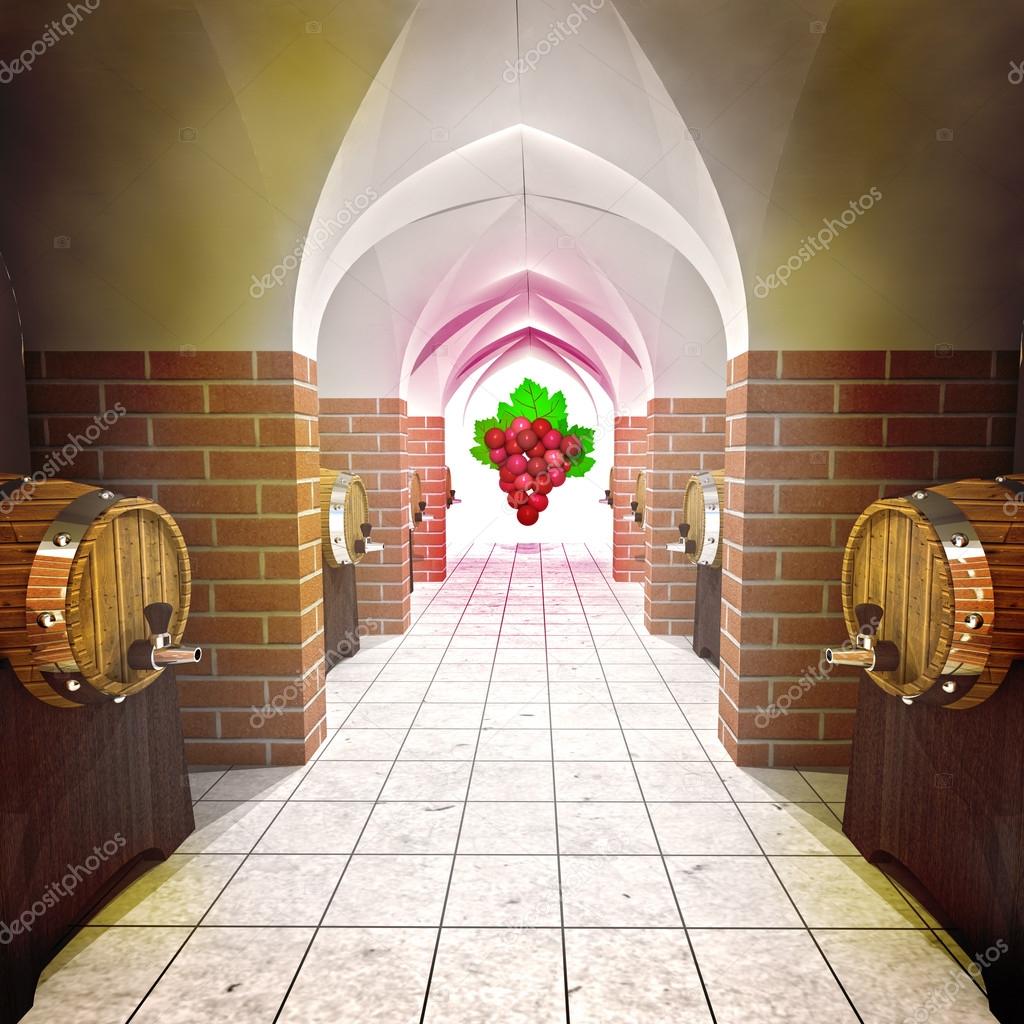 Several barrels with old wine cellar and grapes perspective view
