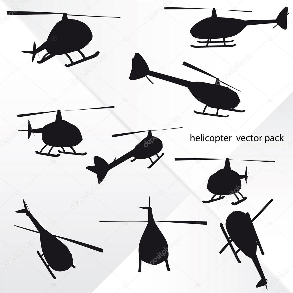 Isolated nine helicopter silhouettes at flight vector