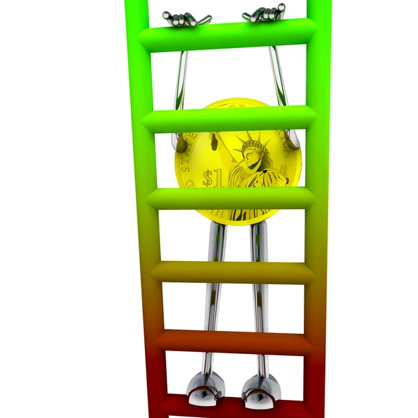 Dollar mynt robot klättrar upp på röd grön stege illustration — Stockfoto