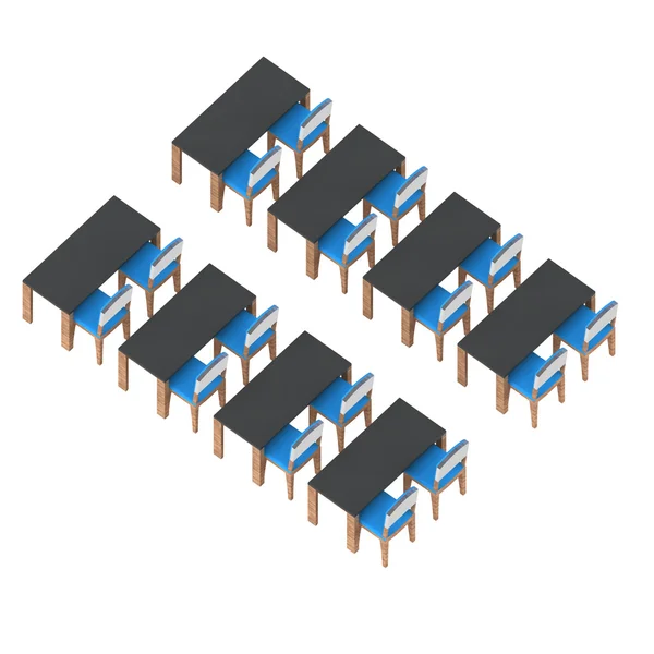 在等轴测视图中蓝色的学校教室家具 — 图库照片