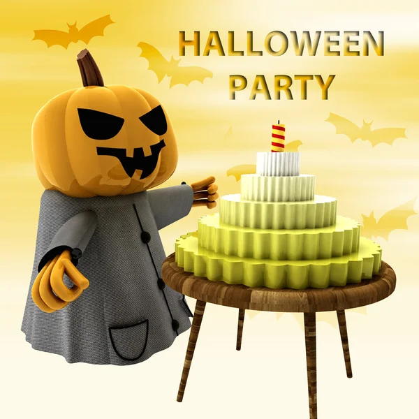 Pumpkin witch with cake on table and bats flying on background illustration — Stock Photo, Image