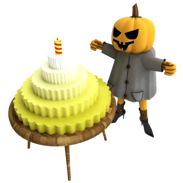 Isolated pumpkin witch with cake on table illustration — Stock Photo, Image