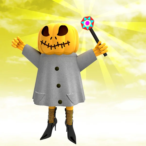 Pumpkin witch with charming wand with yellow sunset background illustration — Stock Photo, Image