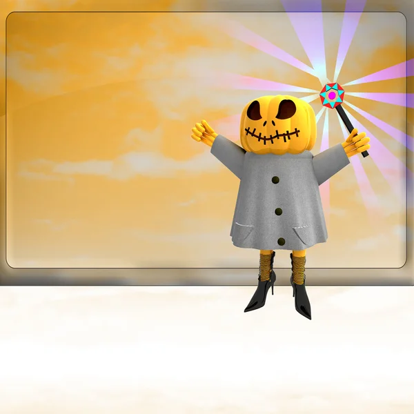 Pumpkin witch with magic wand on right side ahead of orange board template — Stock Photo, Image