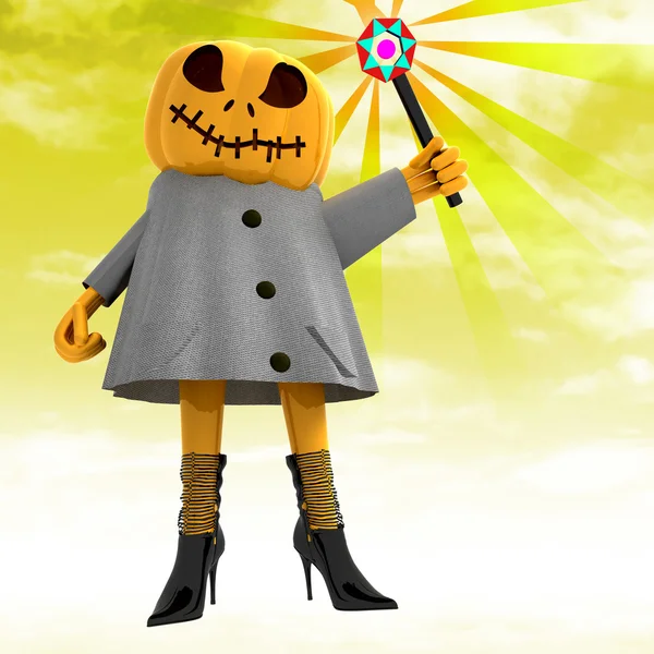 Pumpkin witch with magic wand with yellow sunset background illustration — Stock Photo, Image