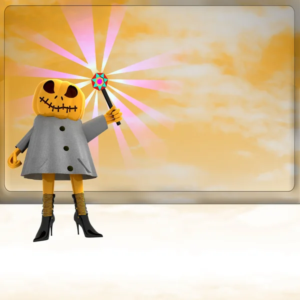 Pumpkin witch with magic wand ahead of orange board template — Stock Photo, Image