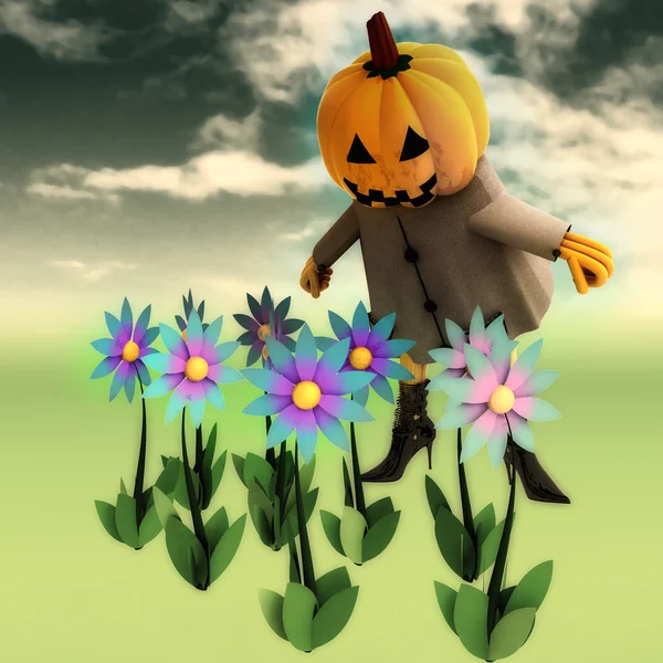 Halloween pumpkin witch in mystic flower dark garden illustration — Stock Photo, Image