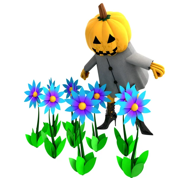 Isolated halloween pumpkin witch in mystic flower garden illustration