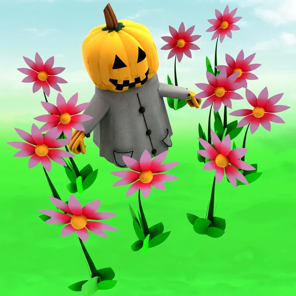 Halloween pumpkin witch in magic flower green garden illustration — Stock Photo, Image