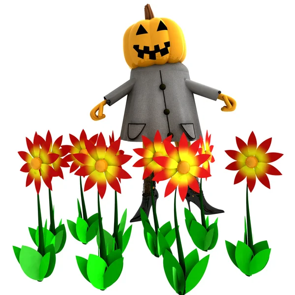 Isolated halloween pumpkin witch in flower garden illustration — Stock Photo, Image