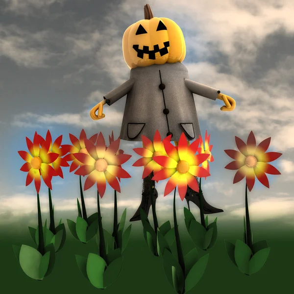 Halloween pumpkin witch in dark flower garden illustration — Stock Photo, Image