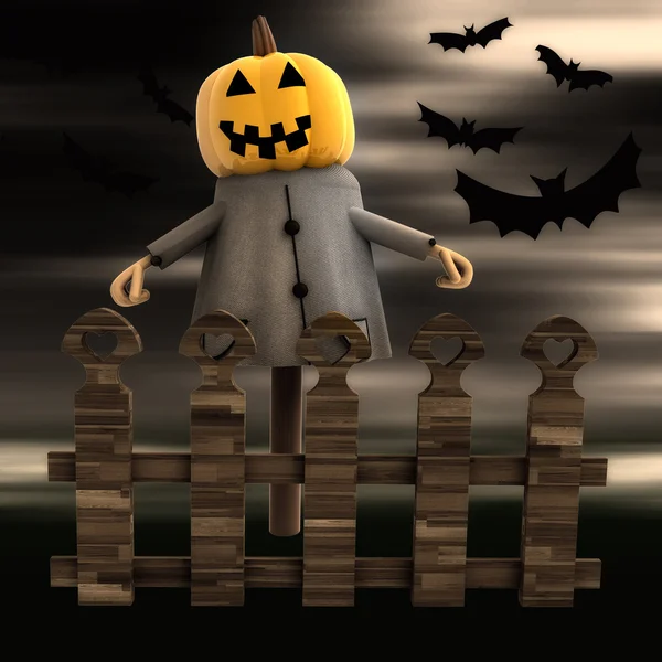 Halloween pumpkin witch behind fence with bats illustration — Stock Photo, Image