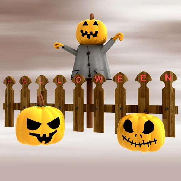 Halloween pumpkin heads ahead of fence at sunset illustration — Stock Photo, Image