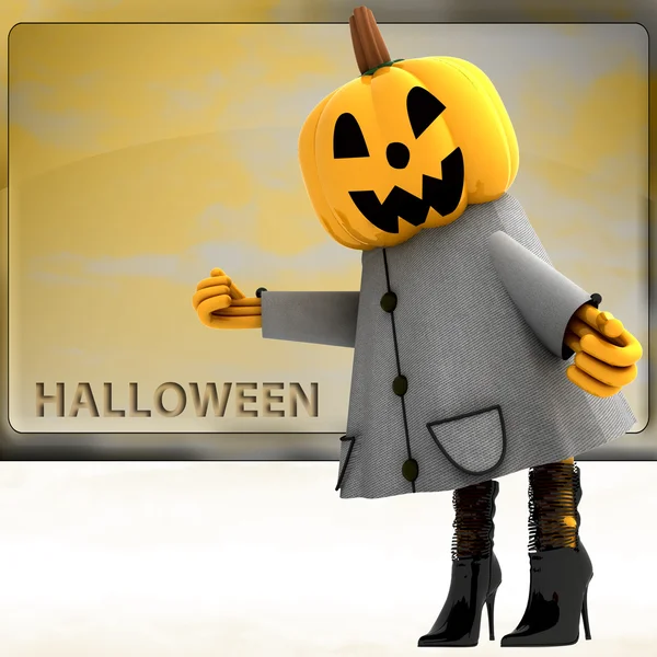 Pumpkin halloween girl standing ahead of teplate illustration — Stock Photo, Image