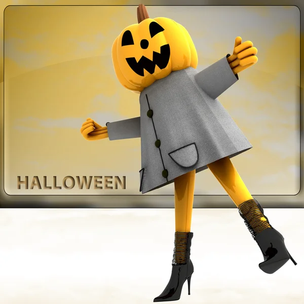 Девочка на Хэллоуин из тыквы стоит на одной ноге на иллюстрации — стоковое фото