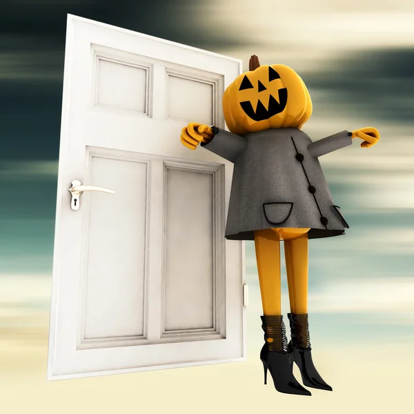 Тыквенная Хэллоуинская ведьма стоит перед дверью размытый фон иллюстрации — стоковое фото