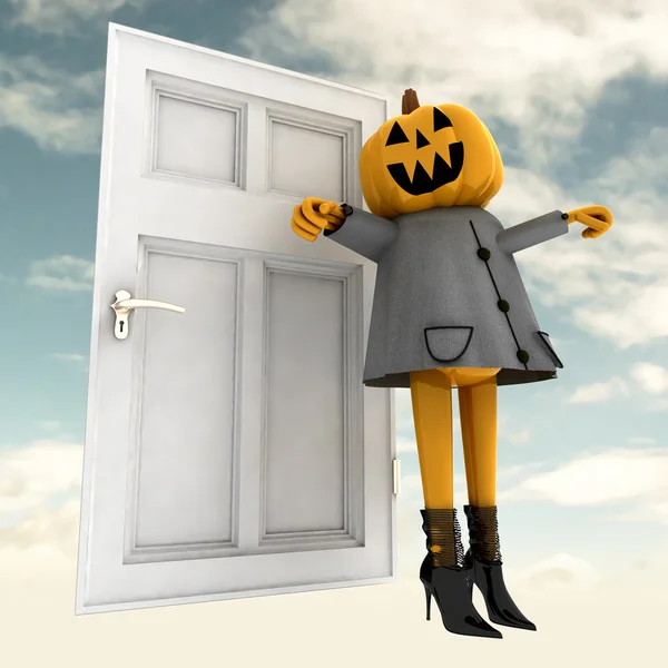 Pumpkin halloween witch standing in front of door with sky background illus — Stock Photo, Image