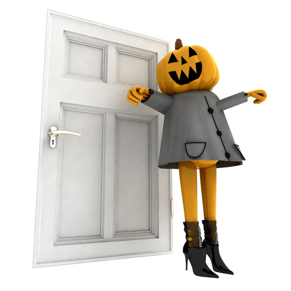 Isolated pumpkin halloween witch standing in front of door illustration — Stock Photo, Image