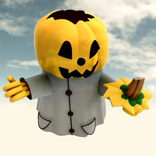 Pumpkin halloween figure holding his cap sky background illustration — Stock Photo, Image