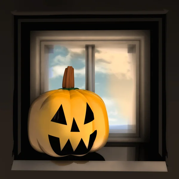 Cabeza de calabaza halloween en la ventana en la ilustración de la luz del atardecer —  Fotos de Stock