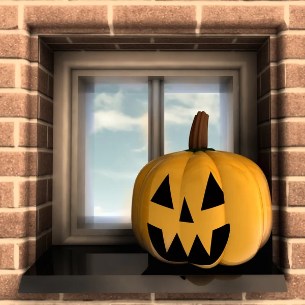 Autumn pumpkin halloween head situated at window illustration — Stock Photo, Image