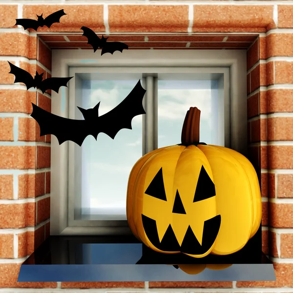 Kürbis-Halloween-Kopf am Fenster mit Fledermäusen — Stockfoto