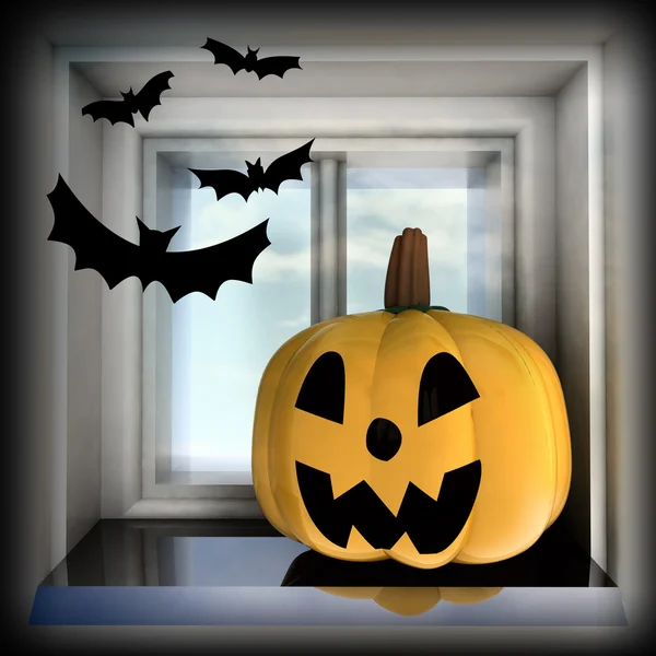 Pumpkin halloween head situated on sill with bats illustration — Stock Photo, Image