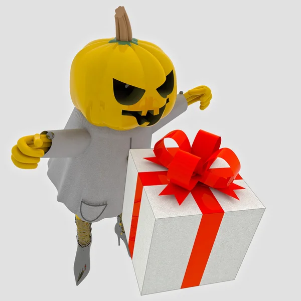 Halloween pumpkin witch has gift suprise on grey illustration — Stock Photo, Image