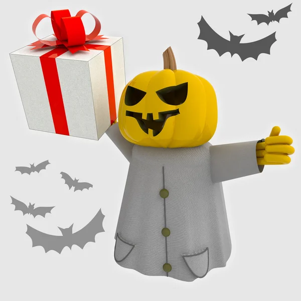 Halloween-Kürbishexe mit Geschenk und Fledermäusen — Stockfoto