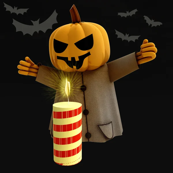 Bruja de calabaza de Halloween con vela encendida y murciélagos ilustración —  Fotos de Stock