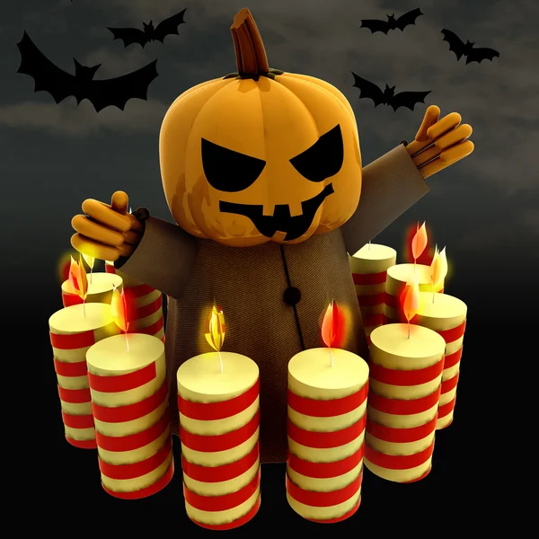 Halloween-Kürbishexe mit brennenden Kerzen und Fledermäusen Illustration — Stockfoto