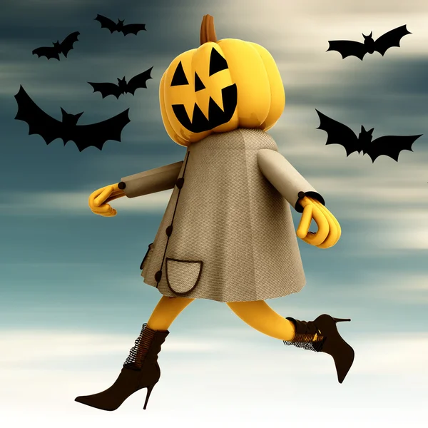 Walking halloween pumpkin witch motion blur blue sky and bats illustration — Stock Photo, Image