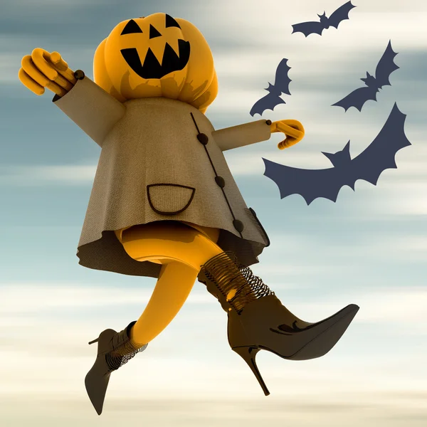 Dansen halloween pompoen heks bewegingsonscherpte blauwe hemel en vleermuizen illustratie — Stockfoto