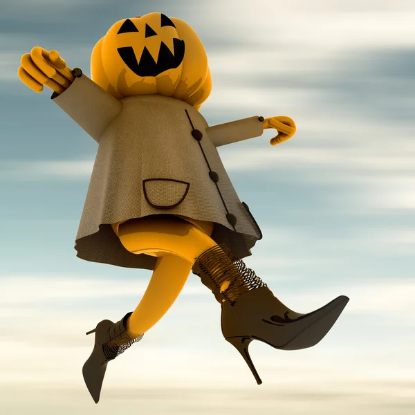 Dancing halloween pumpkin witch with blue sky illustration — Stock Photo, Image
